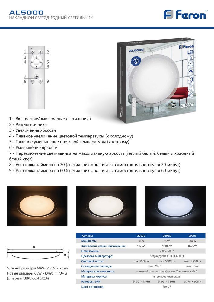 Светодиодный потолочный светильник с ПДУ Feron AL5000 29786