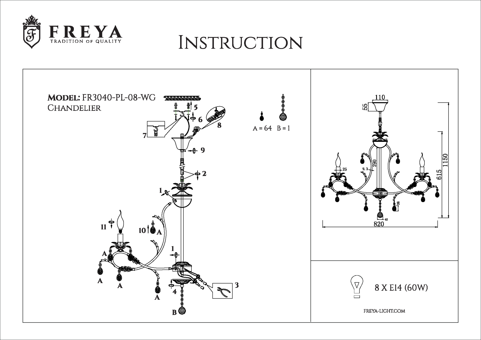 Подвесная люстра хрустальная Freya Dezi FR3040-PL-08-WG