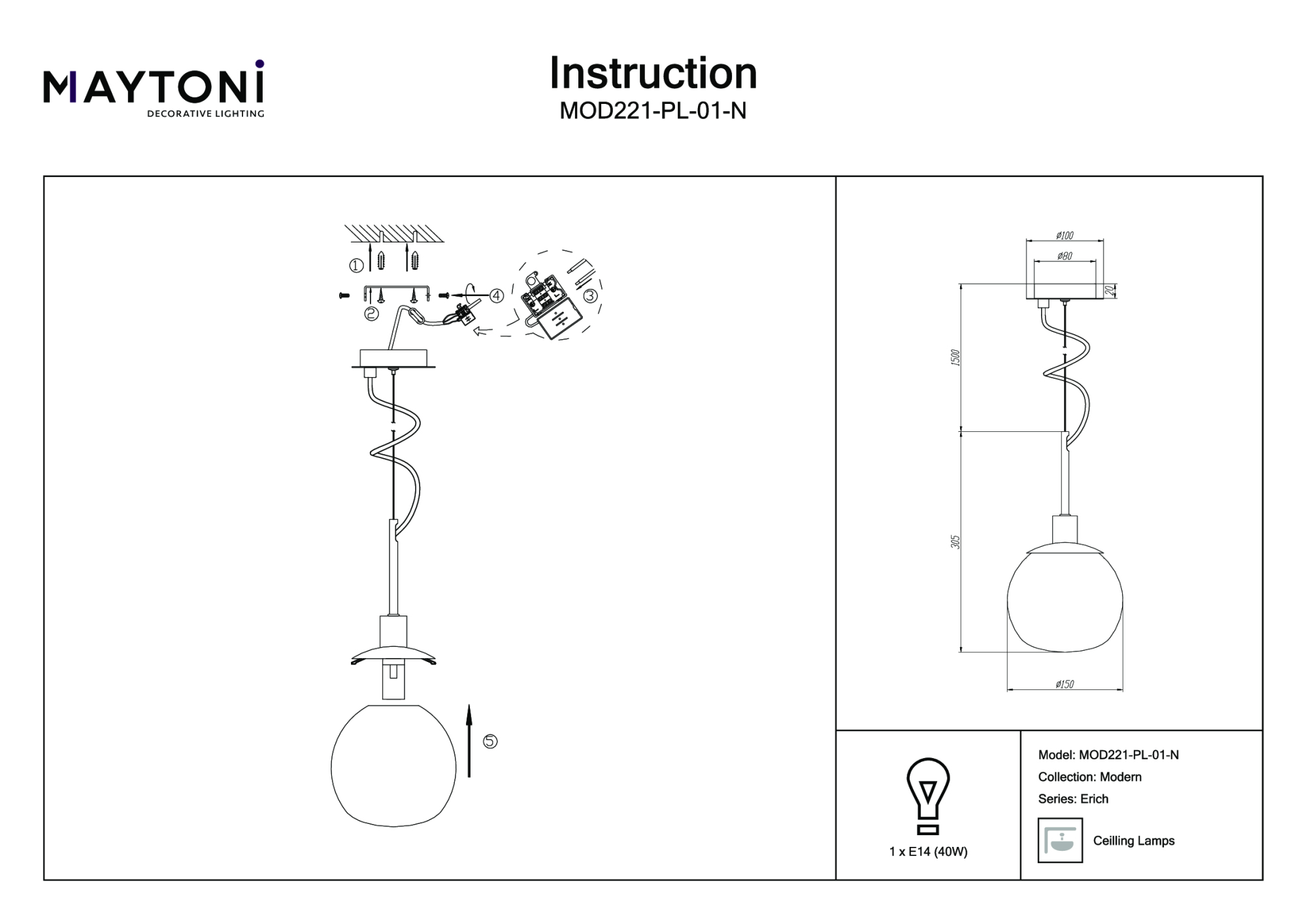 Подвесной светильник Maytoni Erich MOD221-PL-01-N