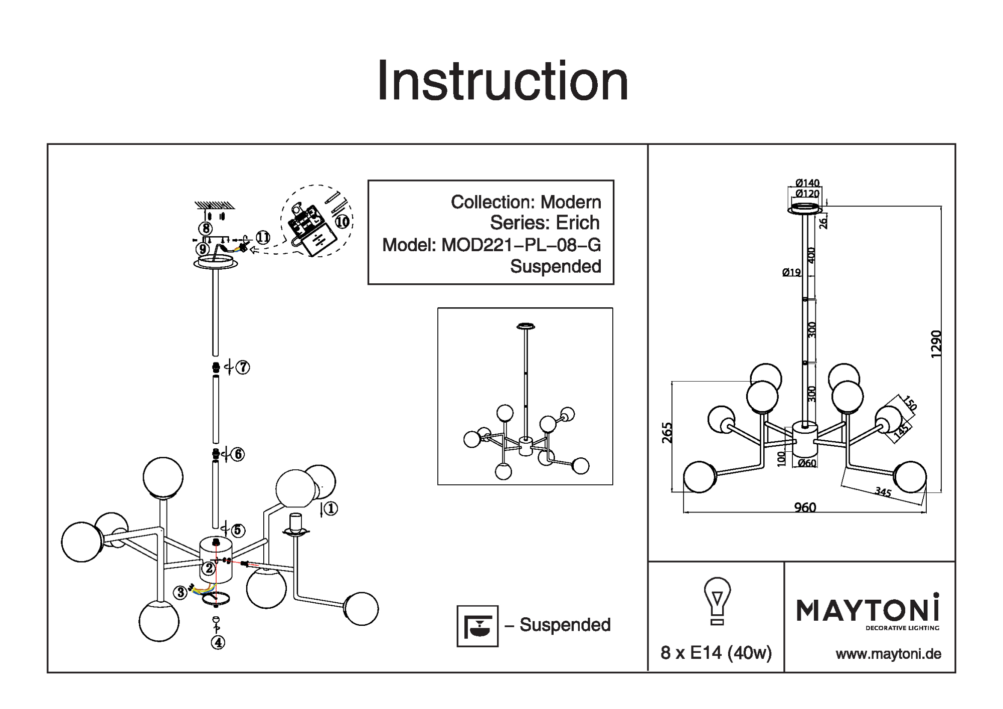 Потолочная люстра Maytoni ERICH MOD221-PL-08-G