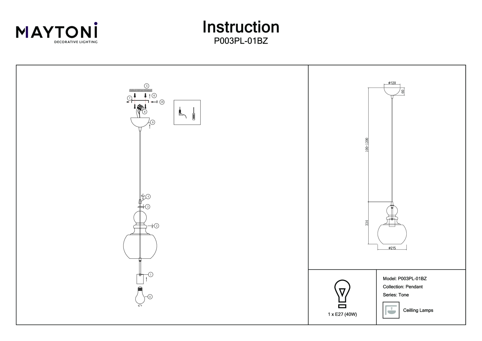 Подвесной светильник Maytoni Tone P003PL-01BZ