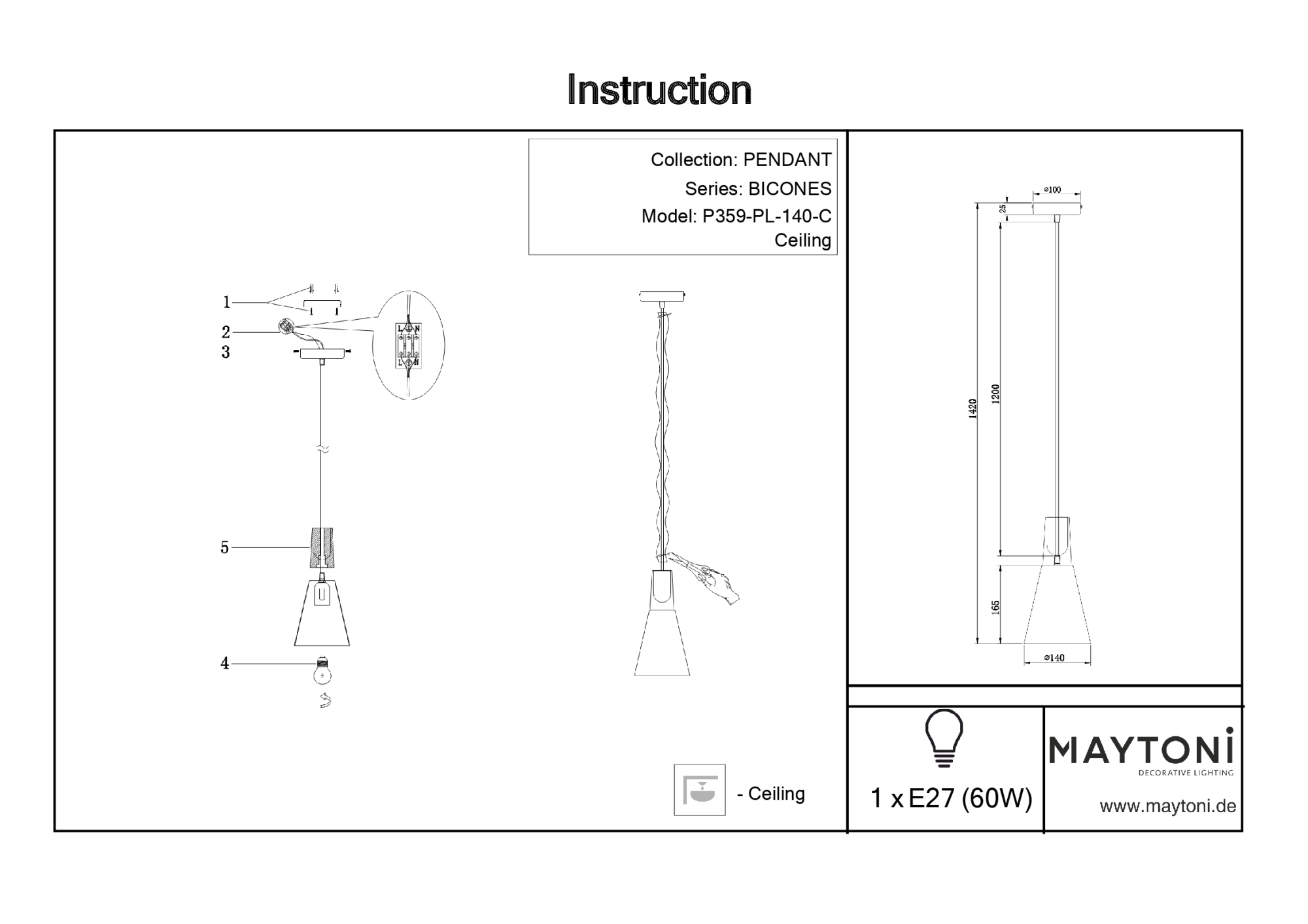 Подвесной светильник Maytoni Bicones P359-PL-140-C